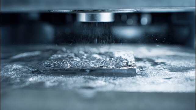 Electrical discharge machining creating a precise cut on a metal block, highlighting advanced industrial manufacturing processes with coolant liquid flushing the work area