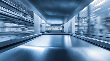 Modern industrial facility interior featuring a long conveyor belt moving forward, with motion blur creating a dynamic impression of speed, technology, and efficient automation