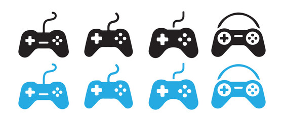 Set of retro and modern video game controllers, black and blue flat design vector illustration. © CreatetiveDesignX