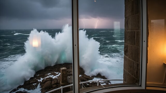 Dramatic storm watching from a lighthouse interior with crashing waves and lightning over the sea
