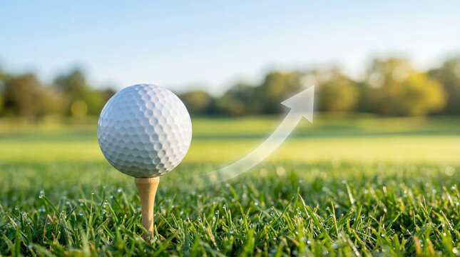 Golf ball on tee with upward arrow showing direction, concept of growth, improvement, success, and trajectory in sport or business
