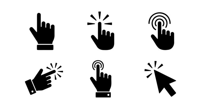 Black cursor hand icons, 6 clicking pointer vectors, web touch symbols