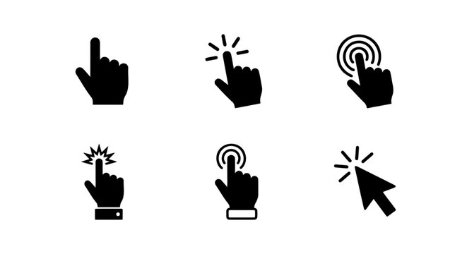Minimalist hand cursor icon set, 6 black clicker symbols, vector pointer pack