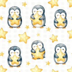 Fototapeta premium Adorable Watercolor Penguins Holding Golden Stars on White Background, Perfect for Holiday Cards, Childrens Books, Festive Designs, and Seasonal Decorations