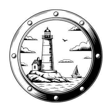 Vintage lighthouse scene with sailboat and clouds, framed in a porthole ocean ship