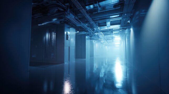 Modern data center corridor extending with server racks on the sides, cables running overhead, and a cool blue ambient light creating a futuristic, high tech atmosphere