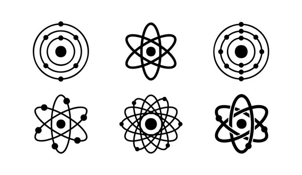 Scientific atom icon set, 6 black vector atoms, physics molecule symbols