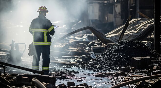 Male Fire Investigator Assessing Damage in Burnt Building Ruins After Fire
