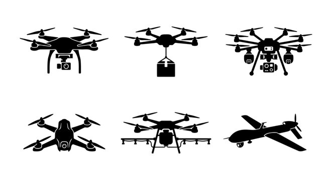 Drone silhouette icon set, 6 flying uav vector elements, delivery aircraft
