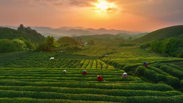 A Serene Tea Plantation at Sunrise