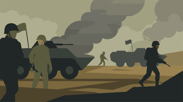 Minimalist illustration of soldiers and armored vehicles in a war zone