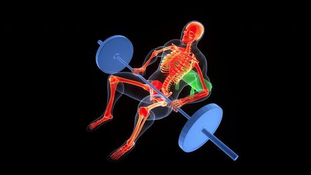 Human Lifting Heavy Barbell with Weights in Hip Thrust Exercise Anatomy Animation Concept