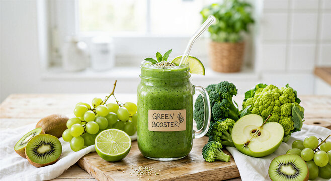 Fresh green booster smoothie in glass jar with fruits and vegetables on wooden kitchen mat.