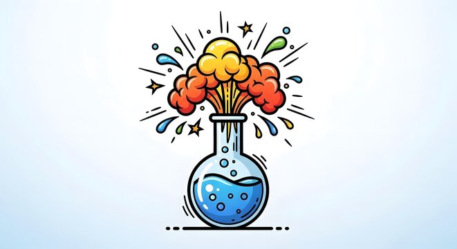 A laboratory beaker with blue liquid causing a colorful chemical explosion with stars and bubbles