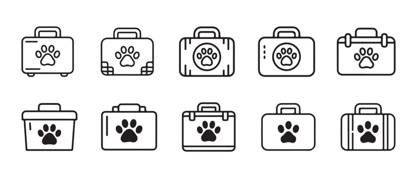 Set of veterinary clinic bag and medical kit icons with paw prints, flat design vector illustration.
