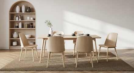 Fototapeta premium Modern dining room with wooden table and chairs