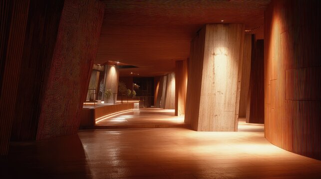 Building interior hallway featuring modern architectural design with textured wood and concrete accents, illuminated by warm spotlights creating a inviting atmosphere