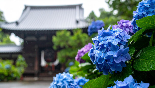 雨に濡れる紫陽花とお寺の風景 梅雨の情緒漂うコピースペースのある写真素材