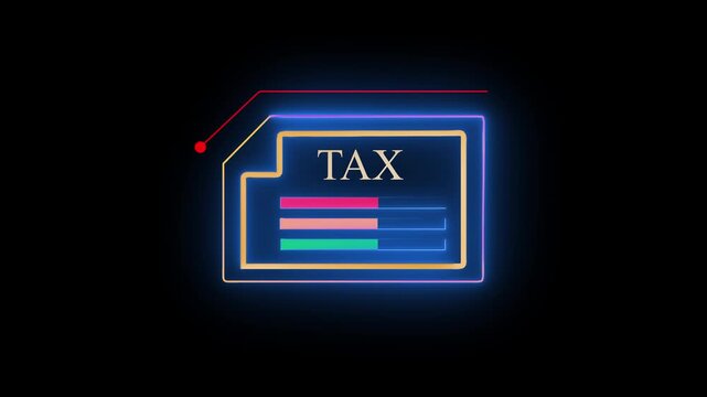 Neon Close-up of businessman using holographic tax interface, featuring virtual icons for online tax payment, income tax return, digital tax filing, and financial account overview.