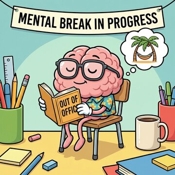 Brain Taking Break, cartoon brain sitting on a tiny chair reading &ldquo;out of office&rdquo;, humorous mental break illustration