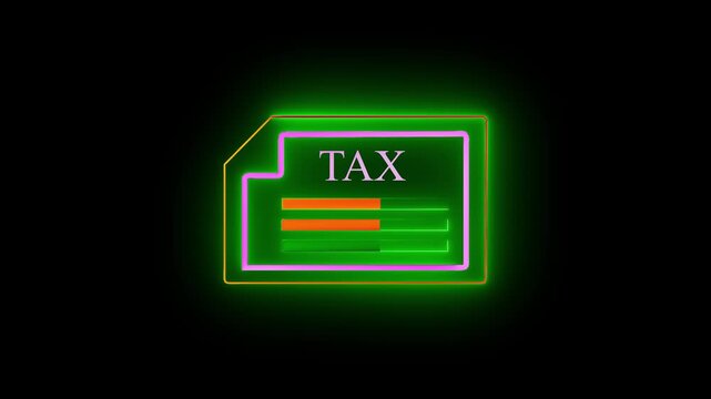 Neon Close-up of businessman using holographic tax interface, featuring virtual icons for online tax payment, income tax return, digital tax filing, and financial account overview.