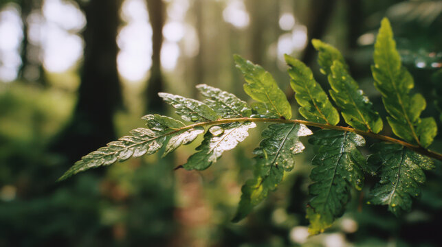 Close view of a green fern leaf with water droplets in a forest during early morning light