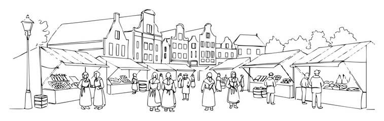 street market with stalls and shoppers in historic town line art drawing © Wieslaw