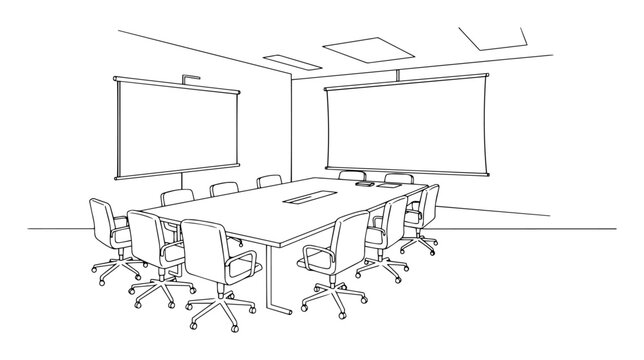 modern conference room interior with meeting table line art drawing