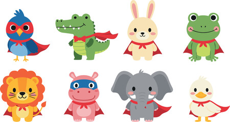 Fototapeta premium Cute Animal Superhero Cartoon Characters Set with Lion Elephant Rabbit Frog Crocodile and Bird in Fun Kids Hero Costume Illustration
