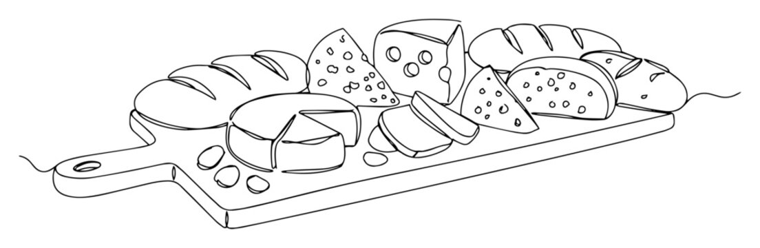 cheese and bread assortment platter continuous one line drawing