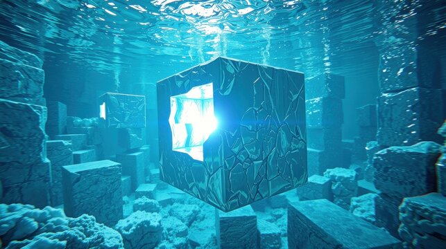 Submerged ruins, glowing cube centerpiece. Water surrounds stone structures, creating ethereal scene. Light beams penetrate depths.