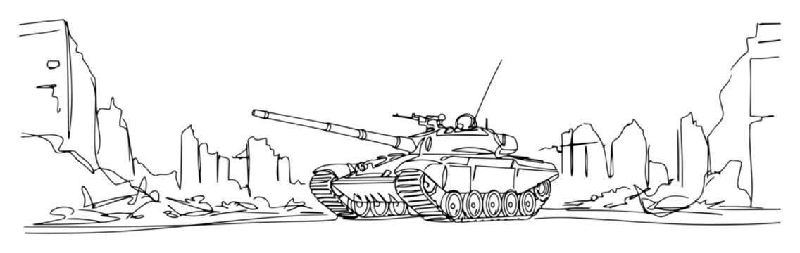 tank in destroyed urban warzone black and white sketch
