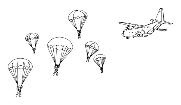 paratroopers jumping from military airplane ink drawing