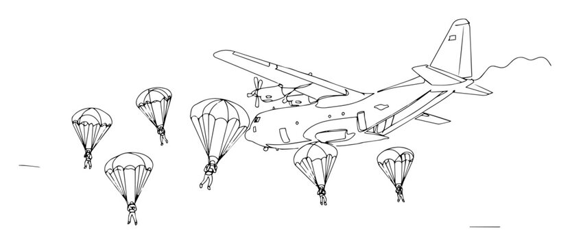 airdrop soldiers descending with parachutes line illustration