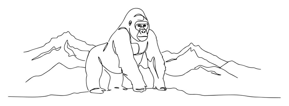 standing gorilla in mountain landscape ink drawing