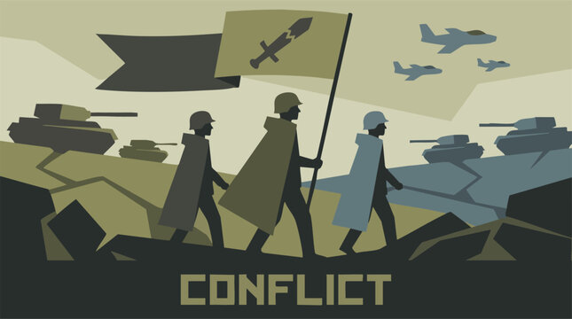 Abstract military scene: soldiers, tanks, jets, and a broken sword flag