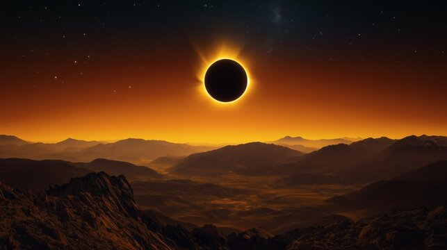 A dramatic digital art or composite image of a total solar eclipse with a glowing golden corona over a sweeping mountain landscape bathed in deep amber and orange tones, with a star-filled sky visible