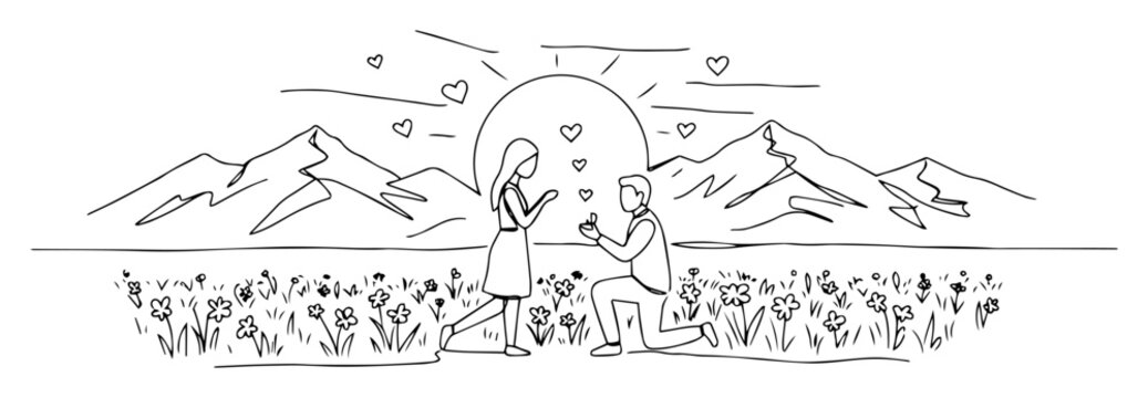 man proposing to woman in mountains romantic scene line art drawing