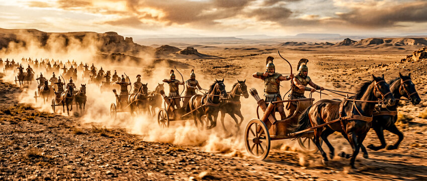 Cinematic wide shot of a formidable army of ancient war chariots charging across a rocky desert landscape, kicking up massive dust clouds at golden hour.
