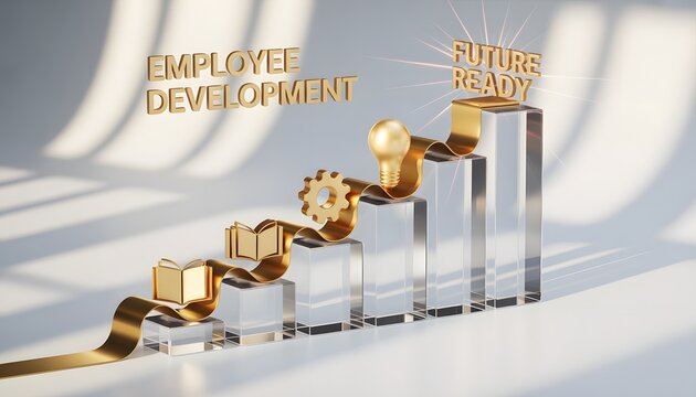 Employee development 3D infographic with ascending glass blocks, glowing icons, and golden ribbon reaching Future Ready platform