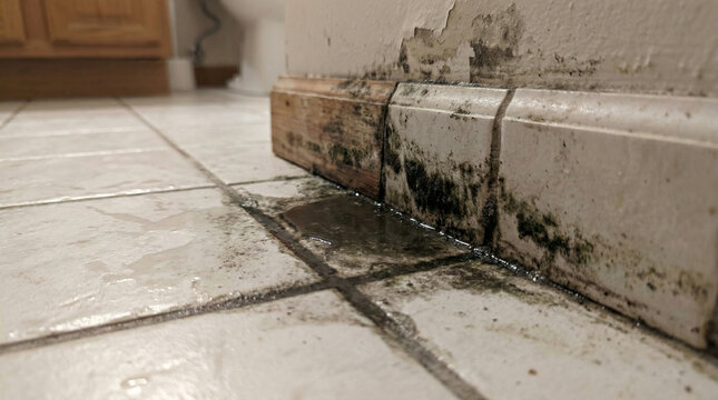 Close-up of a water puddle on floor tiles with black mold growth in seams, indicating a hidden plumbing leak and water damage inside the wall, moisture and fungal contamination