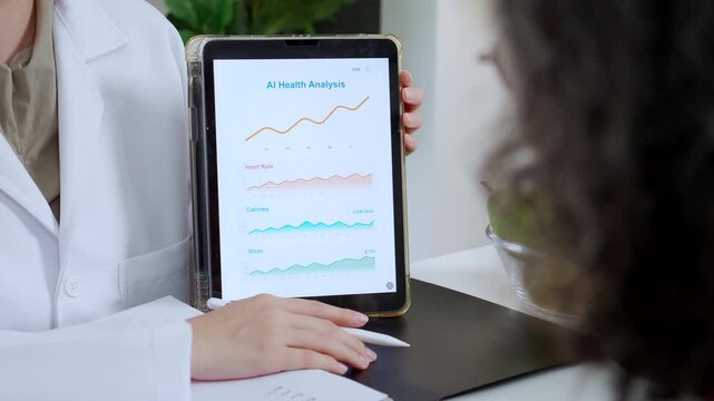 Asian nutritionist showing AI health analysis graph on tablet to senior patient, doctor using technology for medical data tracking, medical diagnosis for diet control, consulting and nutrition.
