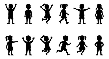Fototapeta premium Children silhouettes set, 12 kids jumping and running, black vector icons