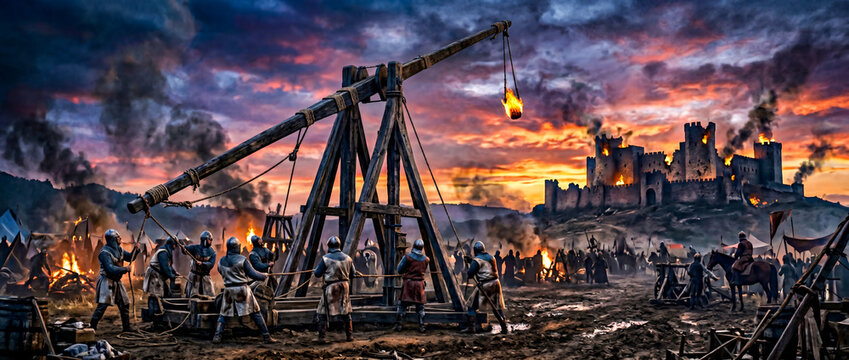 Cinematic wide shot of a massive wooden trebuchet being operated by an army of soldiers during a brutal medieval siege against a burning stone castle at a dramatic sunset.
