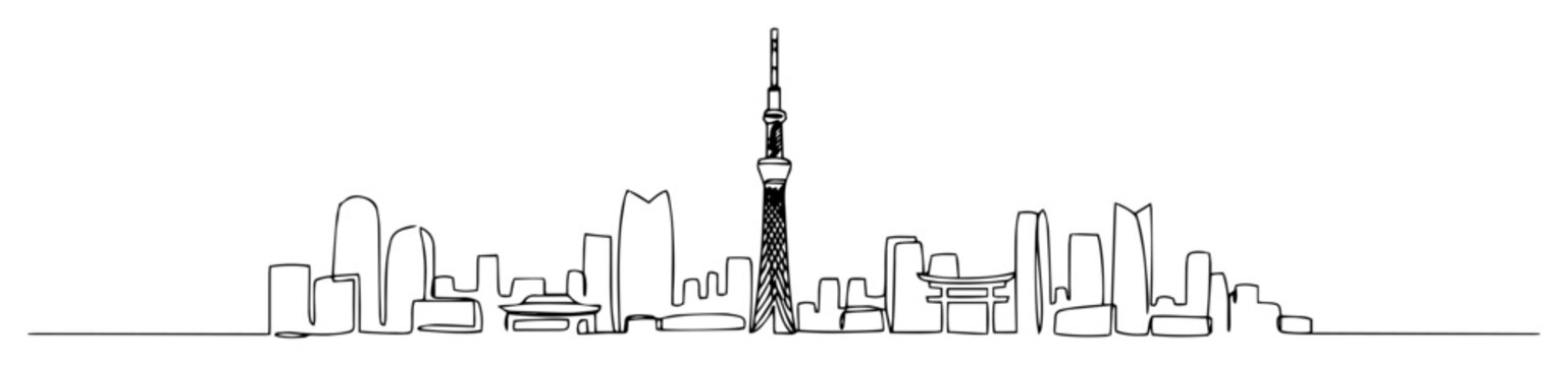 tokyo skyline with tower and city buildings monoline outline vector