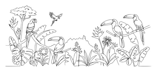 toucans in tropical jungle with plants vector art © Wieslaw