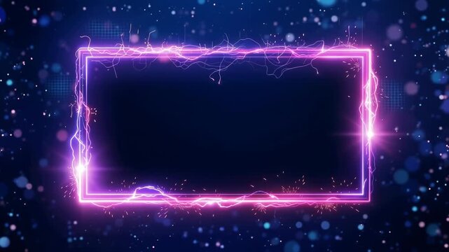 Glowing neon rectangle frame with electric lightning discharges and flying sparks on dark blue bokeh background. Futuristic abstract border for digital display, technology promo, or gaming intro.