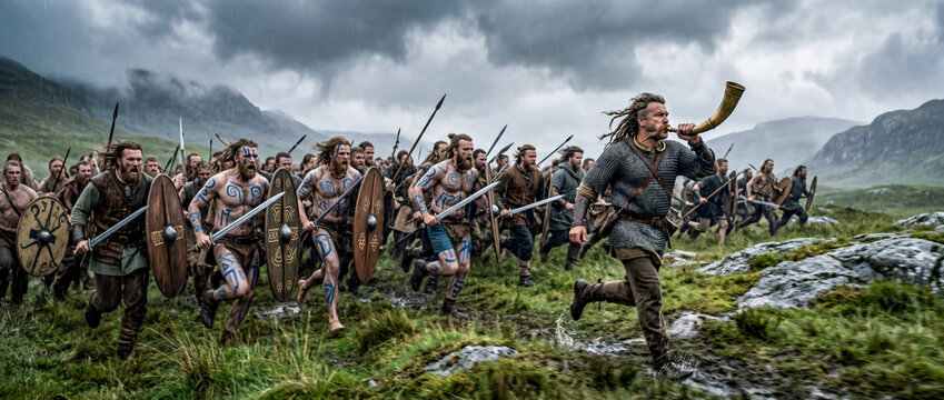 Cinematic wide shot of a fierce army of tribal Celtic warriors with blue war paint charging into battle across a misty highland landscape, led by a commander blowing a war horn.
