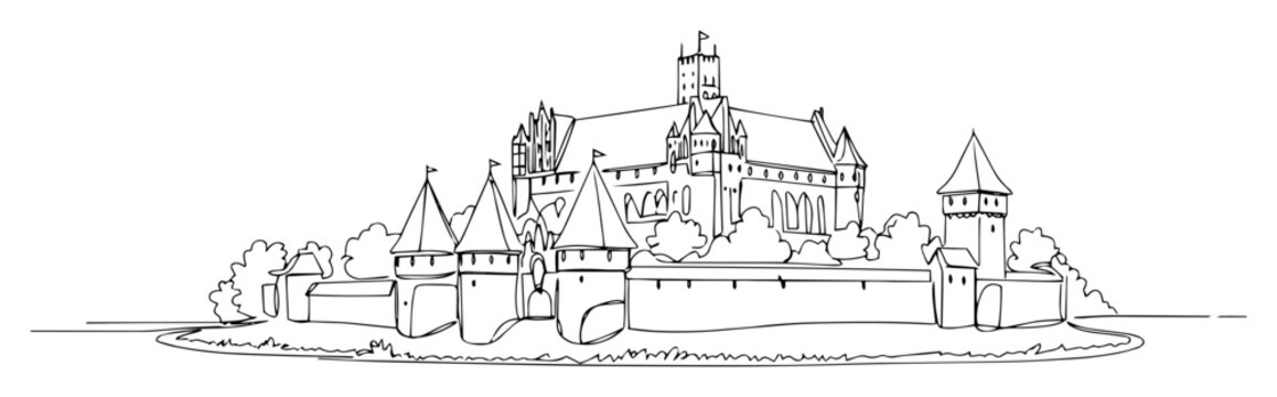 malbork castle in poland continuous one line drawing