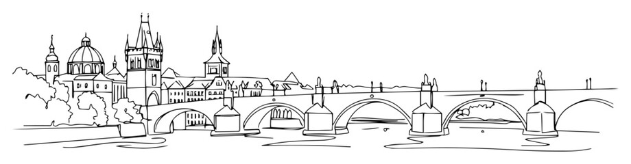 Fototapeta premium charles bridge with prague skyline in linear engraving vector art